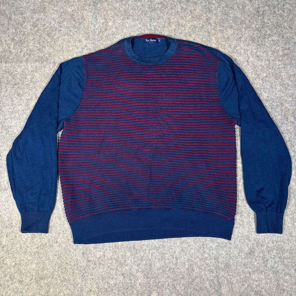 Paul Fredrick Sweater Mens XL Blue Red Striped Cotton Crew Neck Ribbed Knit